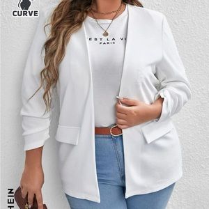 evoluSHEIN Plus Solid Ruched Sleeve Blazer